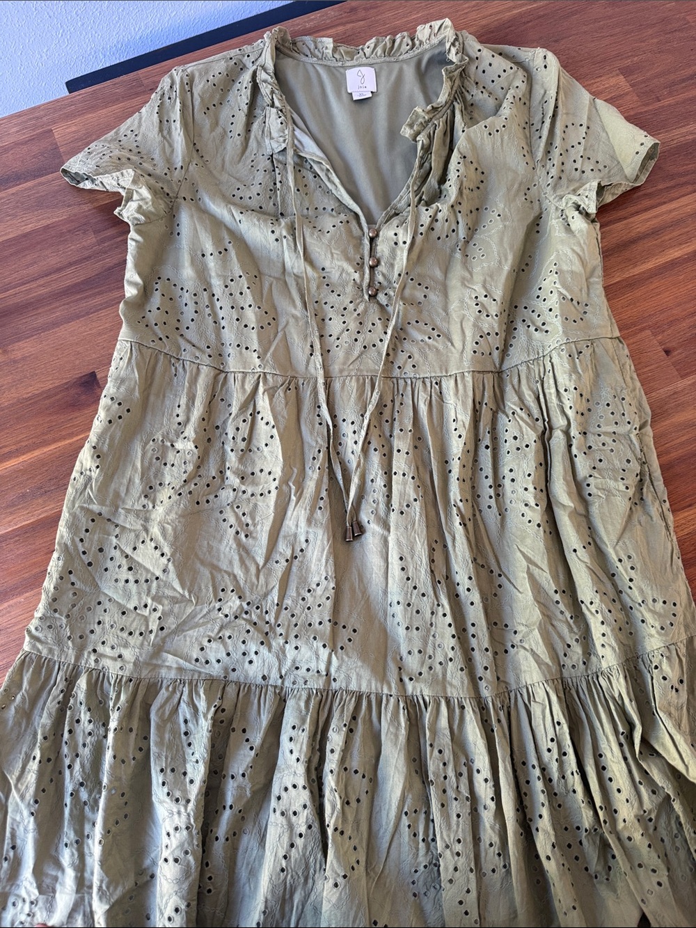Joie Olive Green Eyelet Tiered Midi Dress with Tie Neck